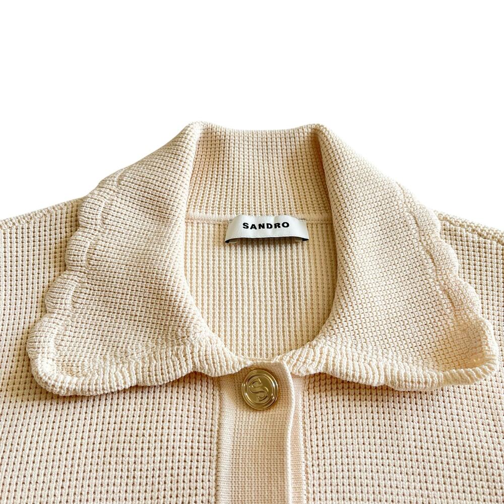 Sandro Paco Cream Waffle Knit Collared Button Front Cardigan Sweater Jacket - Picture 2 of 12